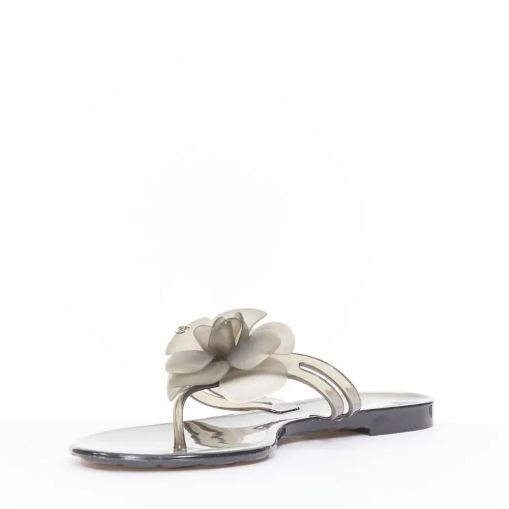 Chanel Grey Clear Camellia Rubber Jelly Sandals
